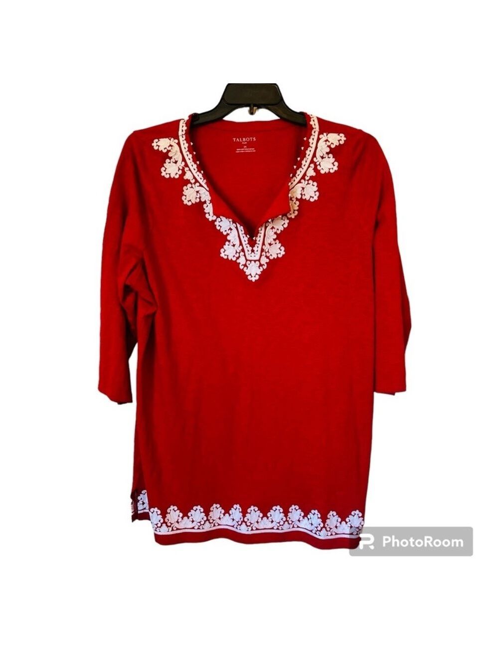 Talbots Red Long Sleeve Top with White Embroidery. size 2x